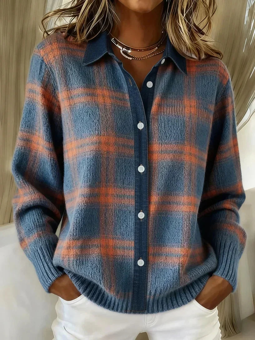 Nicole | Elegant Plaid Collared Cardigan - Picela