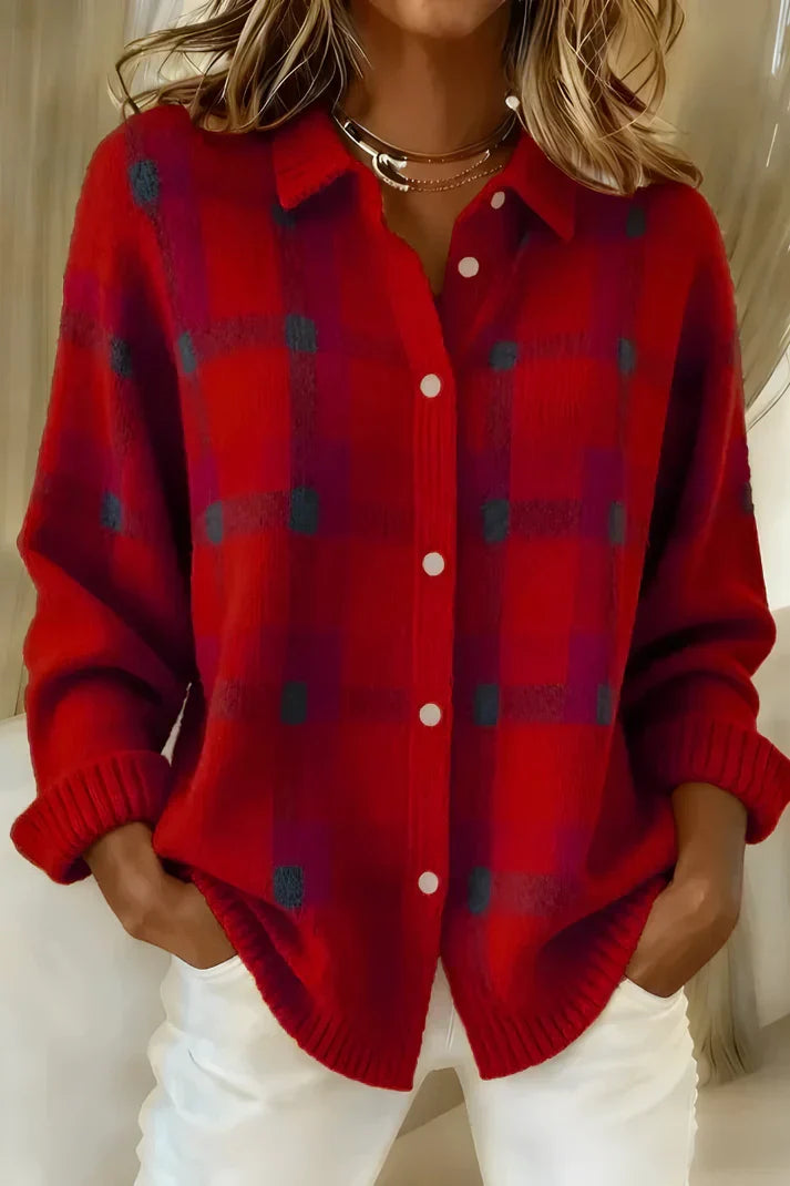 Nicole | Elegant Plaid Collared Cardigan - Picela