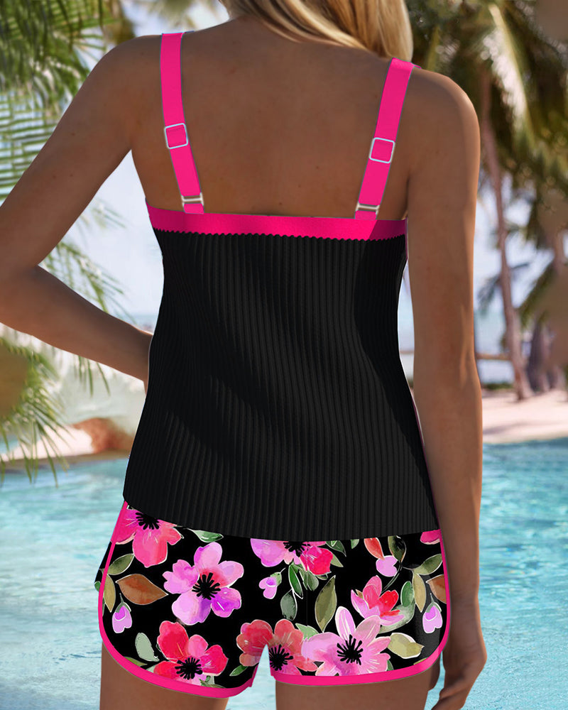 Samantha | Elegant Floral Contrast Tankini - Picela