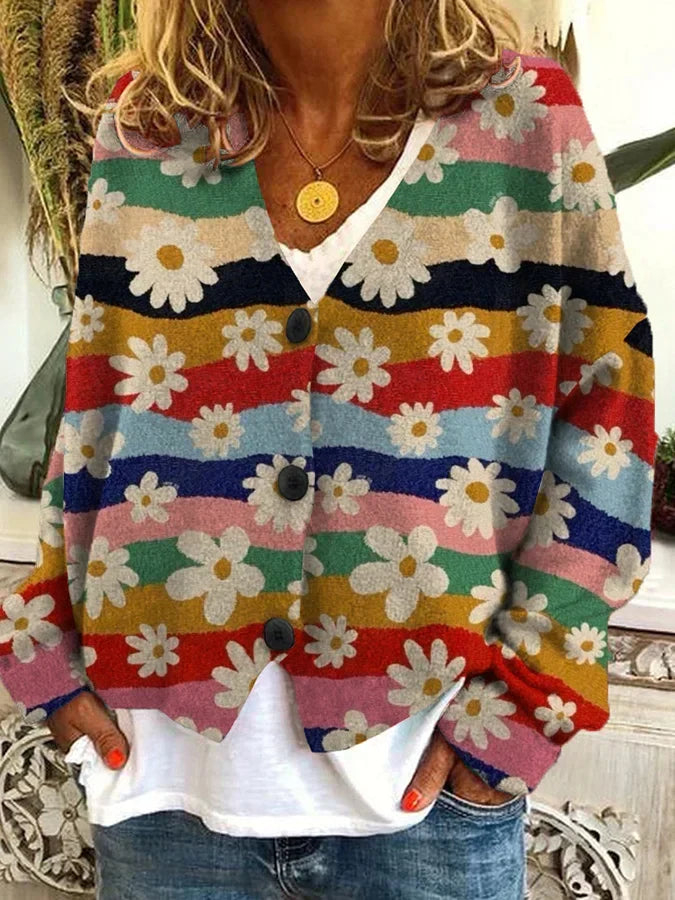 Angela | Vintage Floral Striped Cardigan - Picela