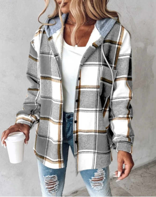 Brittany | Elegant Plaid Hooded Jacket - Picela
