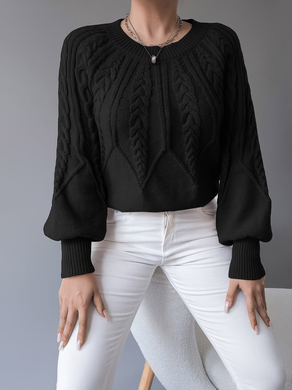 Elsie | Elegant Cable-Knit Lantern-Sleeve Sweater - Picela