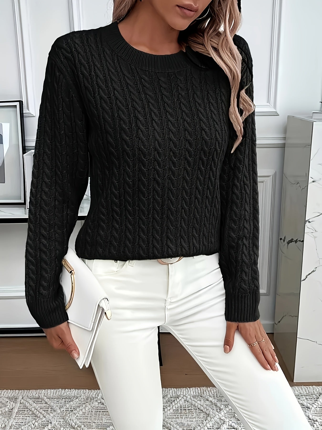 Faye | Elegant Cable-Knit Crewneck Sweater - Picela