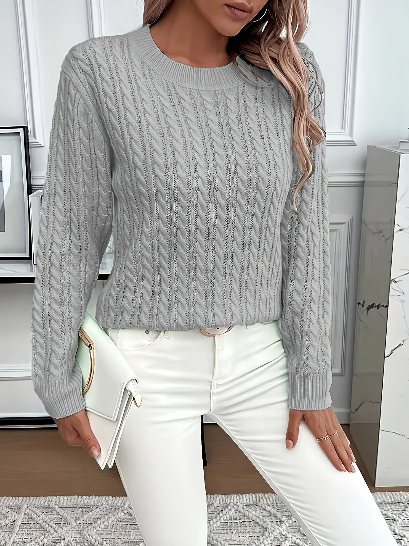 Faye | Elegant Cable-Knit Crewneck Sweater - Picela
