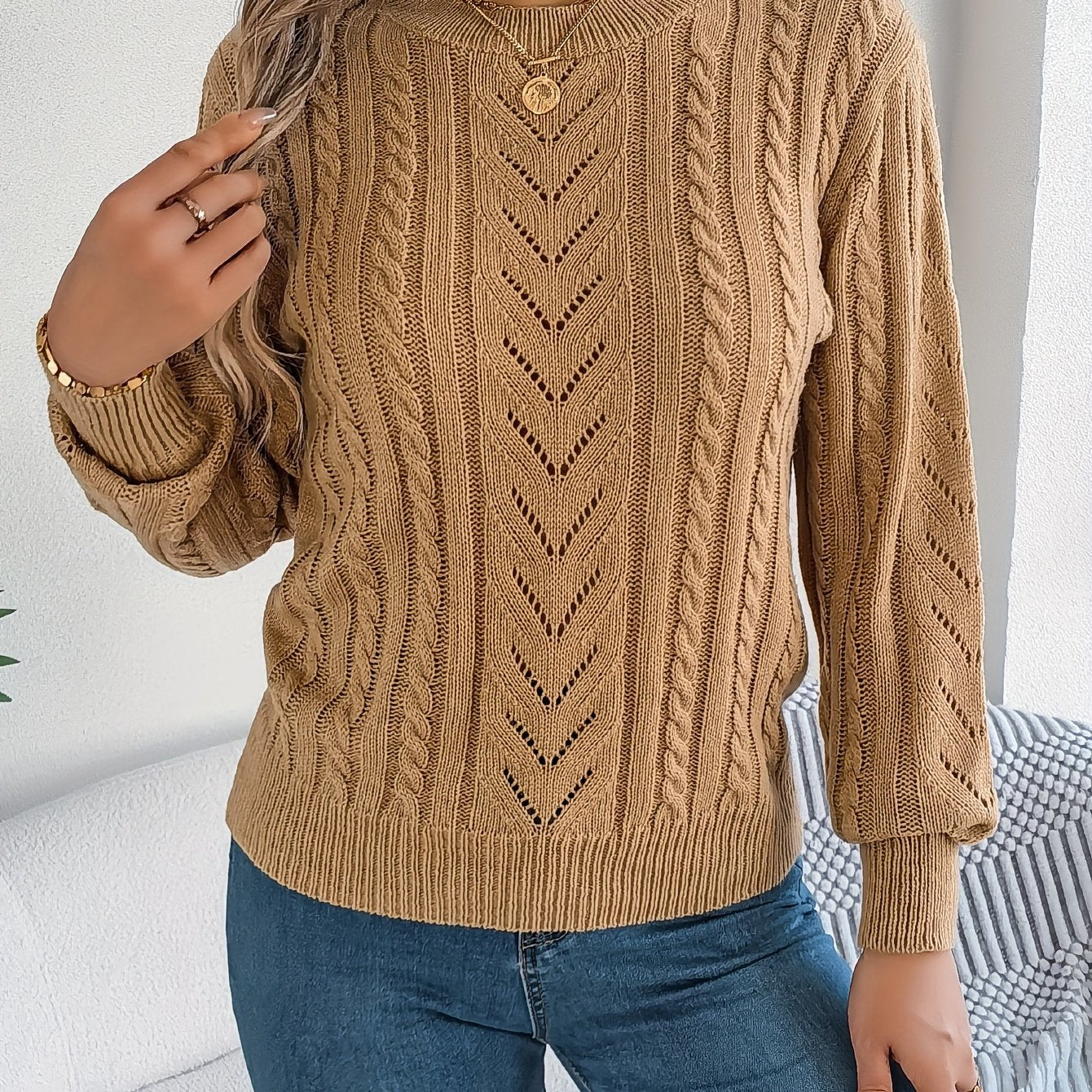 Heather | Elegant Cable-Knit Lantern-Sleeve Sweater - Picela