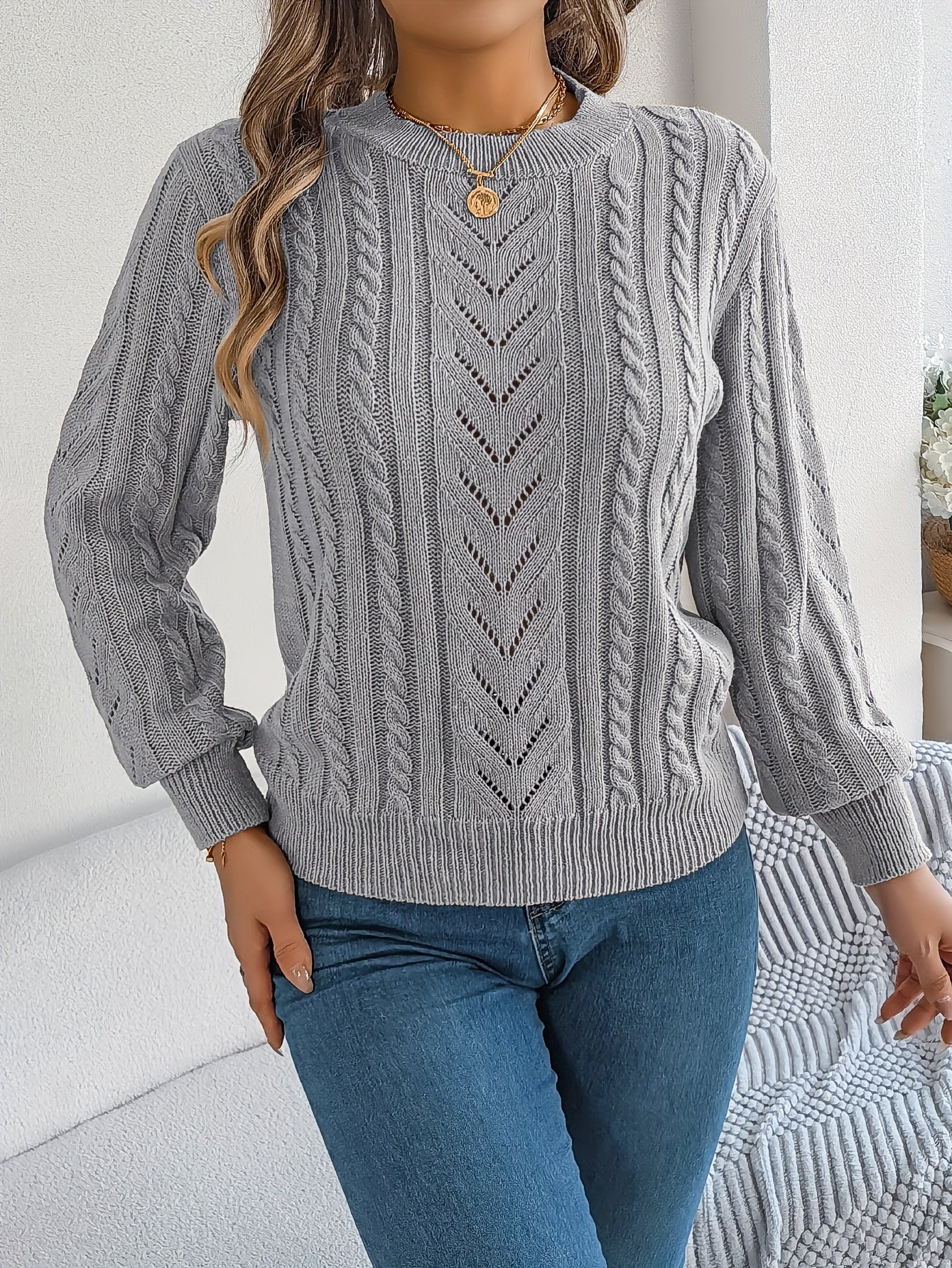 Heather | Elegant Cable-Knit Lantern-Sleeve Sweater - Picela