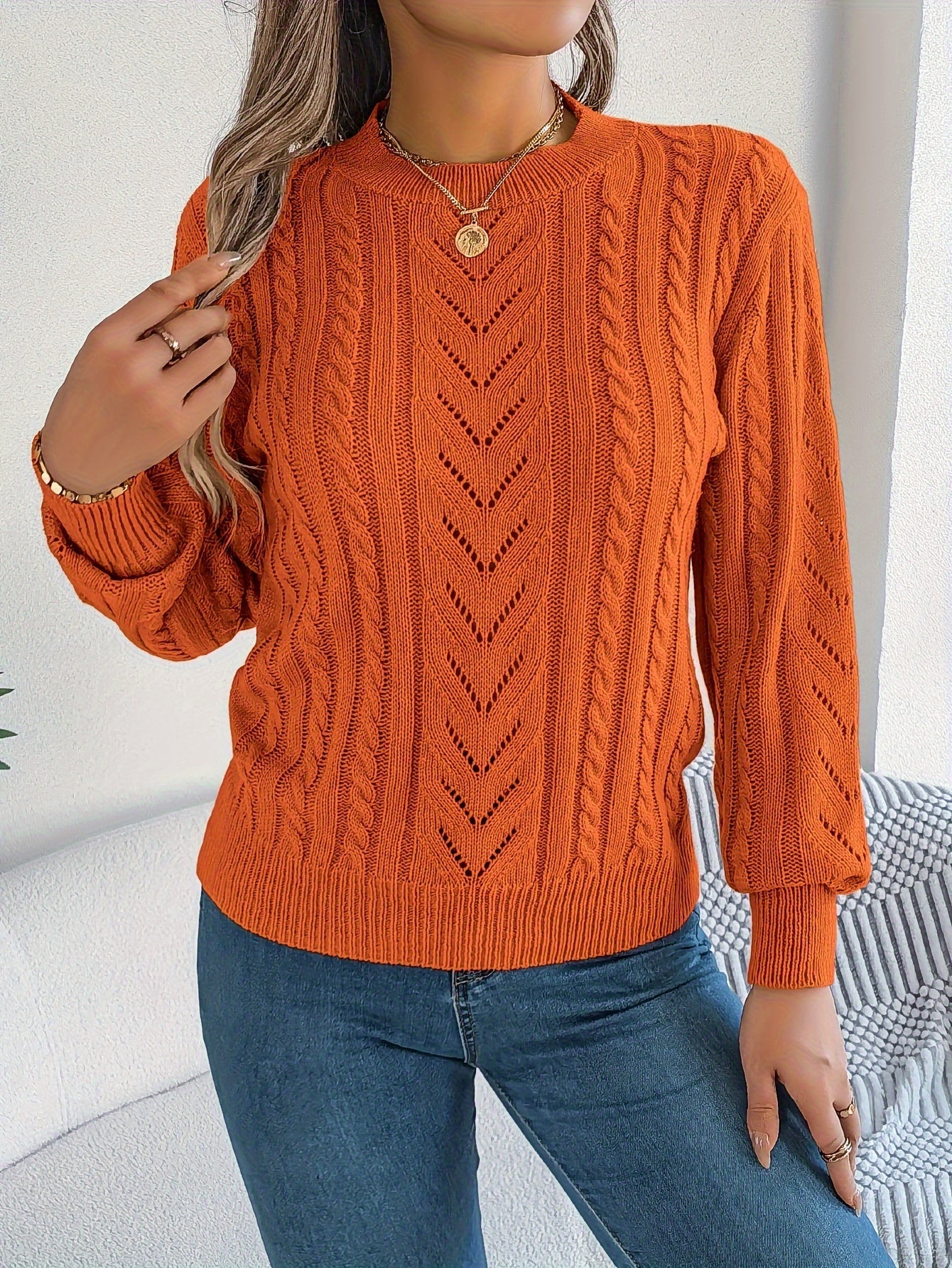 Heather | Elegant Cable-Knit Lantern-Sleeve Sweater - Picela
