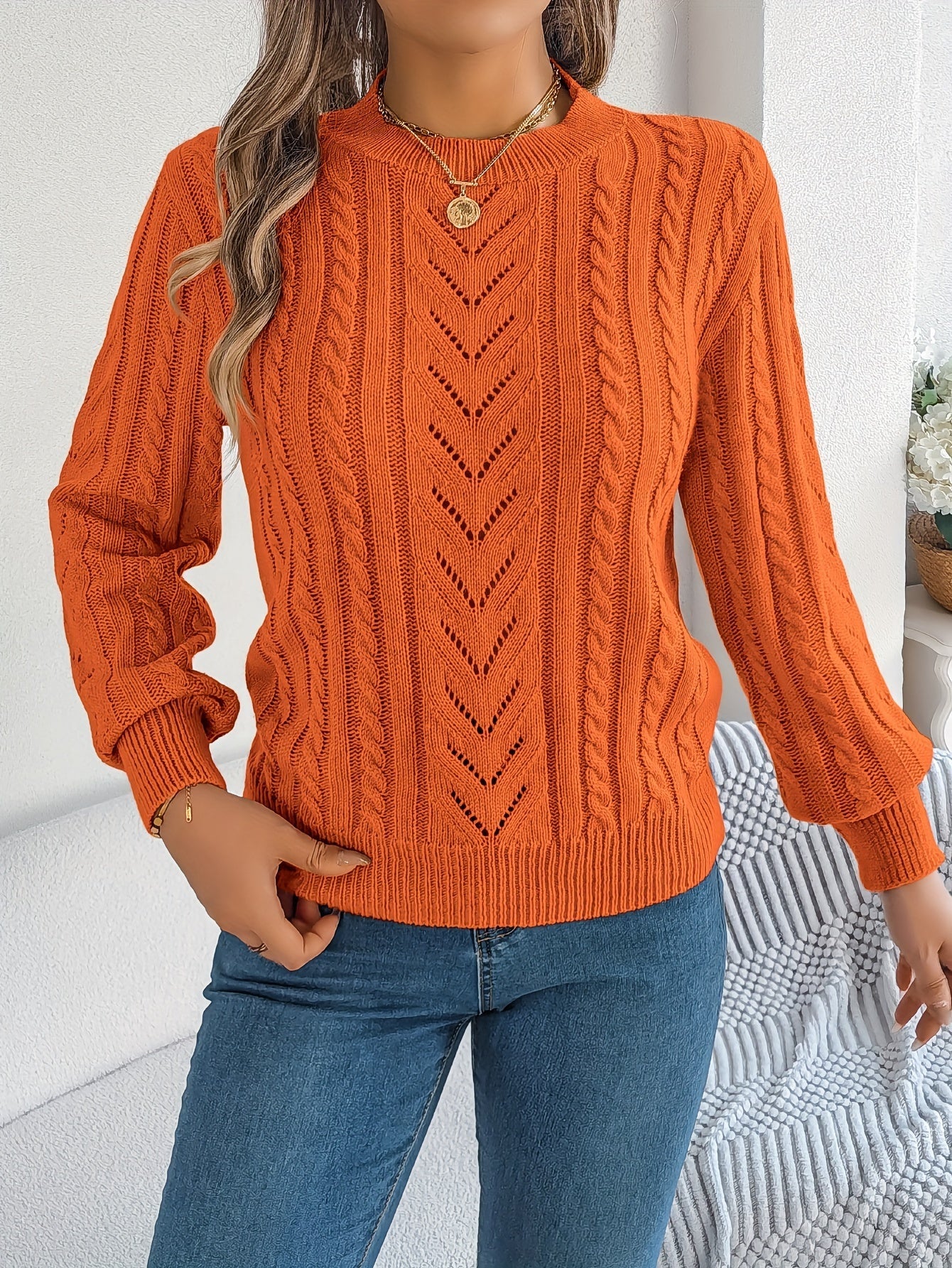 Heather | Elegant Cable-Knit Lantern-Sleeve Sweater - Picela