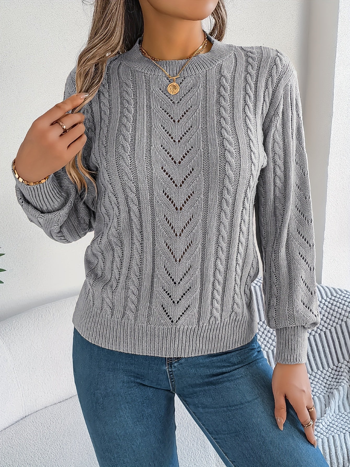 Heather | Elegant Cable-Knit Lantern-Sleeve Sweater - Picela