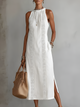Flowy Linen Lace-Trim Midi Dress for Women