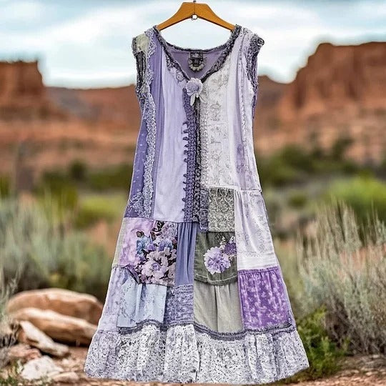 Vintage Floral Lace Patchwork Maxi Dress for Women