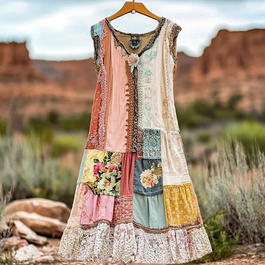Vintage Floral Lace Patchwork Maxi Dress for Women
