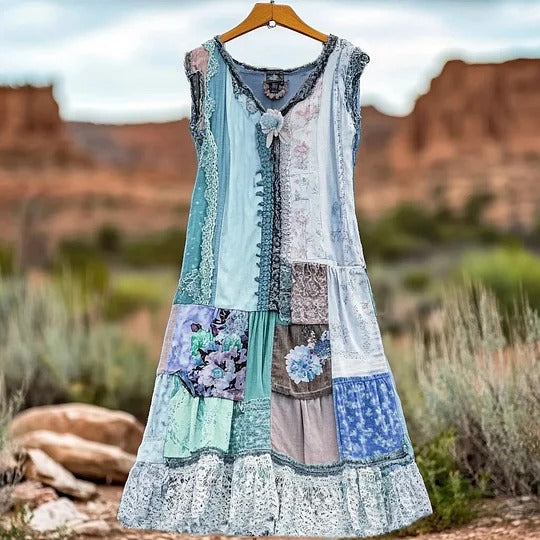 Vintage Floral Lace Patchwork Maxi Dress for Women