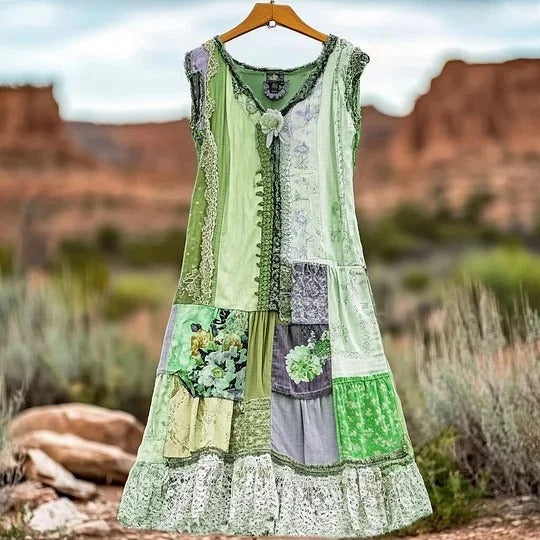 Vintage Floral Lace Patchwork Maxi Dress for Women