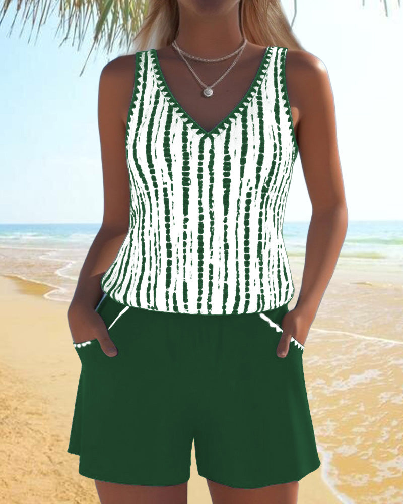 Jennifer | Elegant Striped V-Neck Tankini - Picela