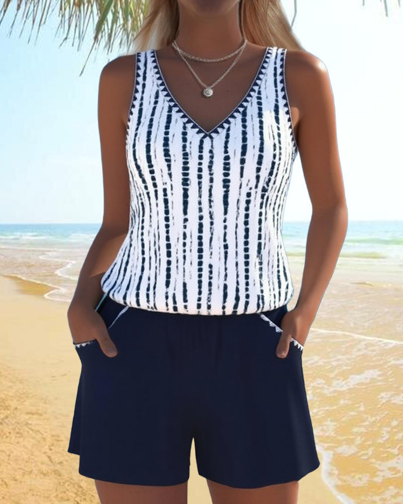 Jennifer | Elegant Striped V-Neck Tankini - Picela