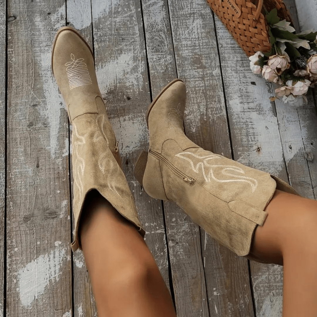 Lauren | Elegant Suede Embroidered Boots - Picela