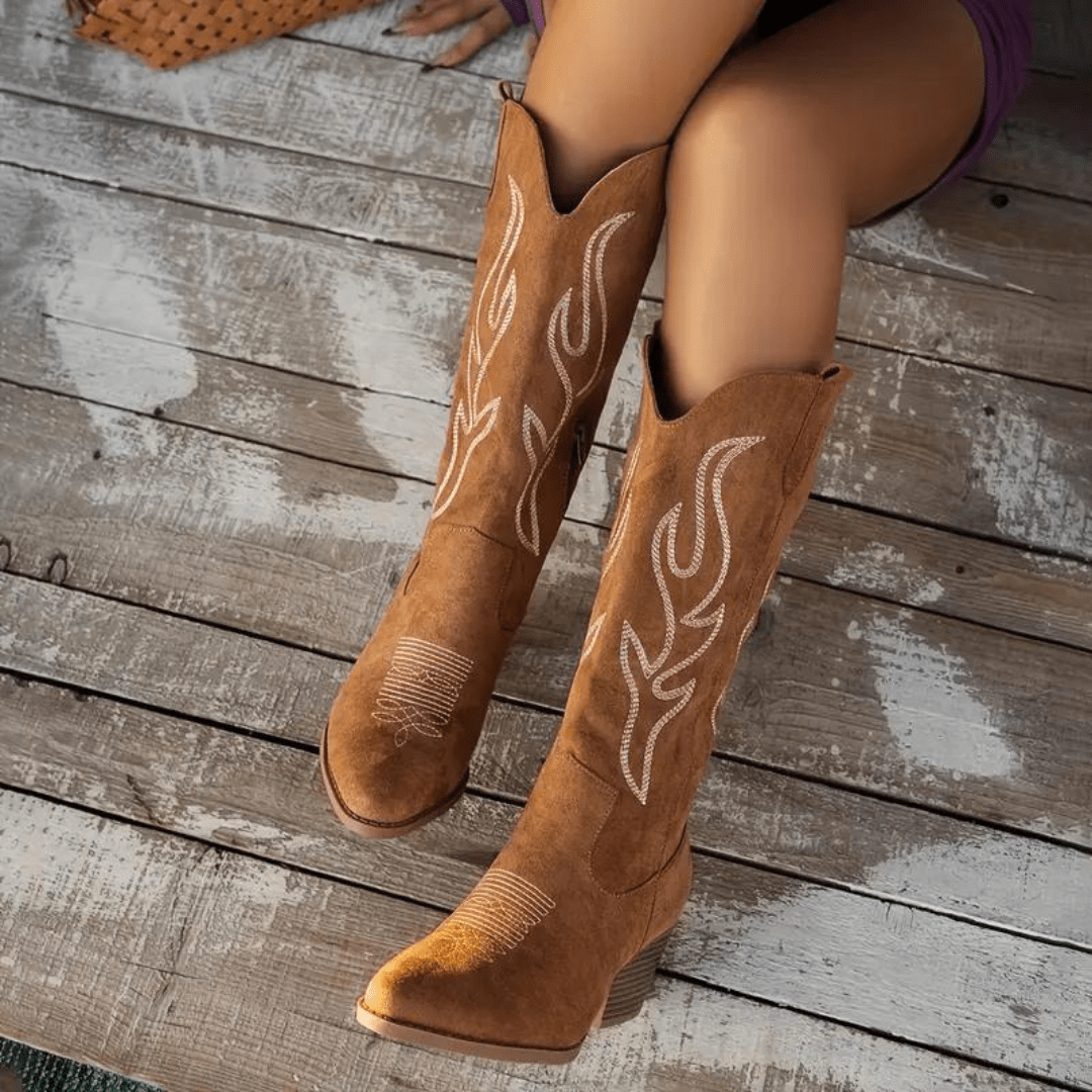 Lauren | Elegant Suede Embroidered Boots - Picela