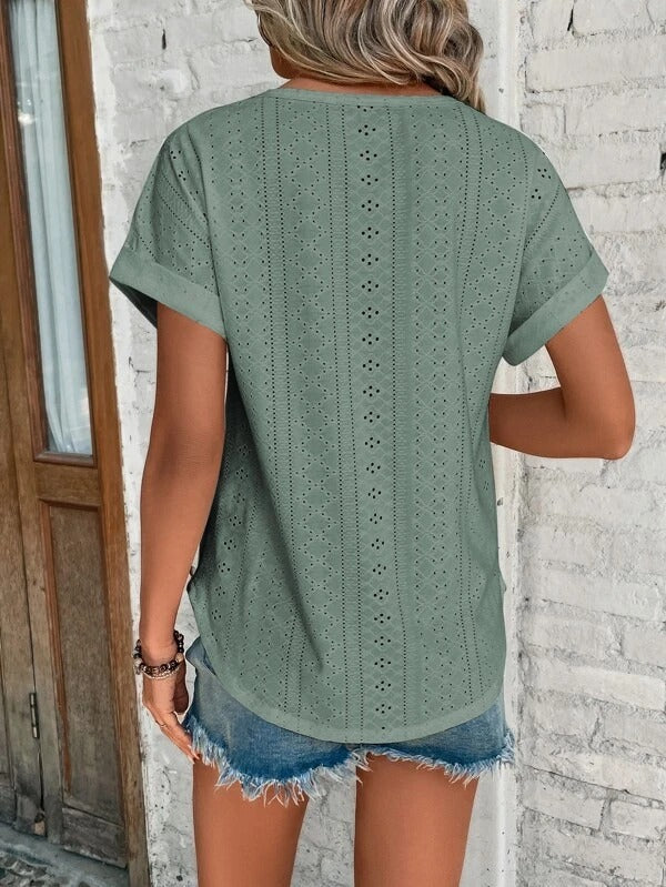 Megan | Elegant Eyelet Cuffed-Sleeve Top - Picela