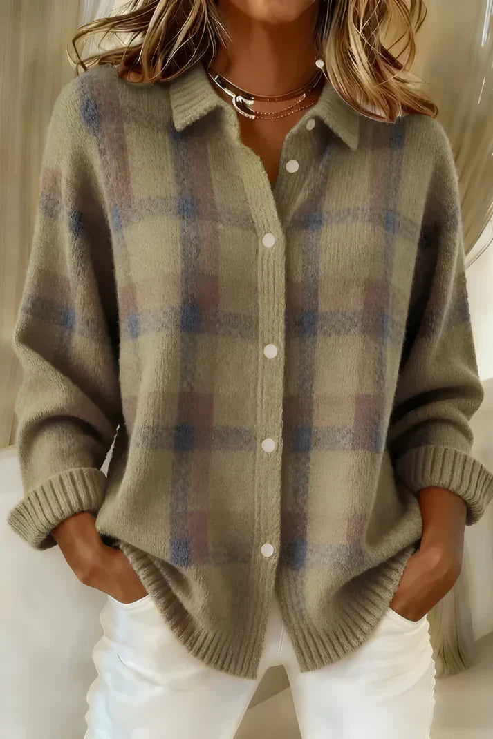 Nicole | Elegant Plaid Collared Cardigan - Picela