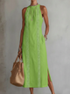 Flowy Linen Lace-Trim Midi Dress for Women