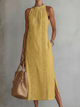 Flowy Linen Lace-Trim Midi Dress for Women
