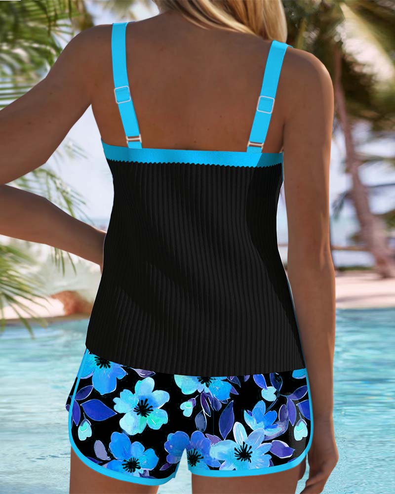 Samantha | Elegant Floral Contrast Tankini - Picela