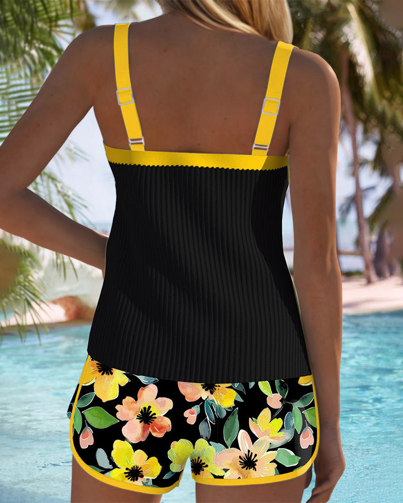 Samantha | Elegant Floral Contrast Tankini - Picela