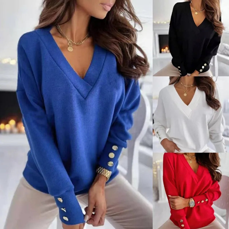 Sarah | Elegant V-Neck Button-Cuff Sweater - Picela