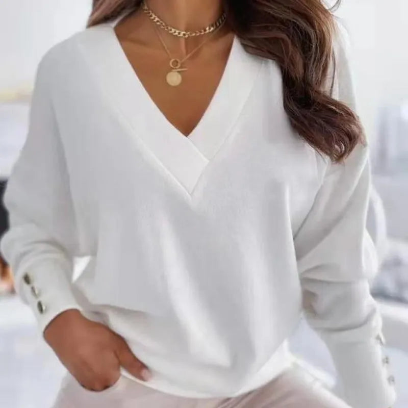 Sarah | Elegant V-Neck Button-Cuff Sweater - Picela