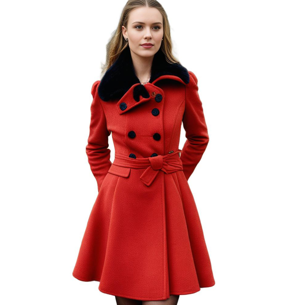 Stephanie | Elegant Fur-Collar Belted Coat - Picela