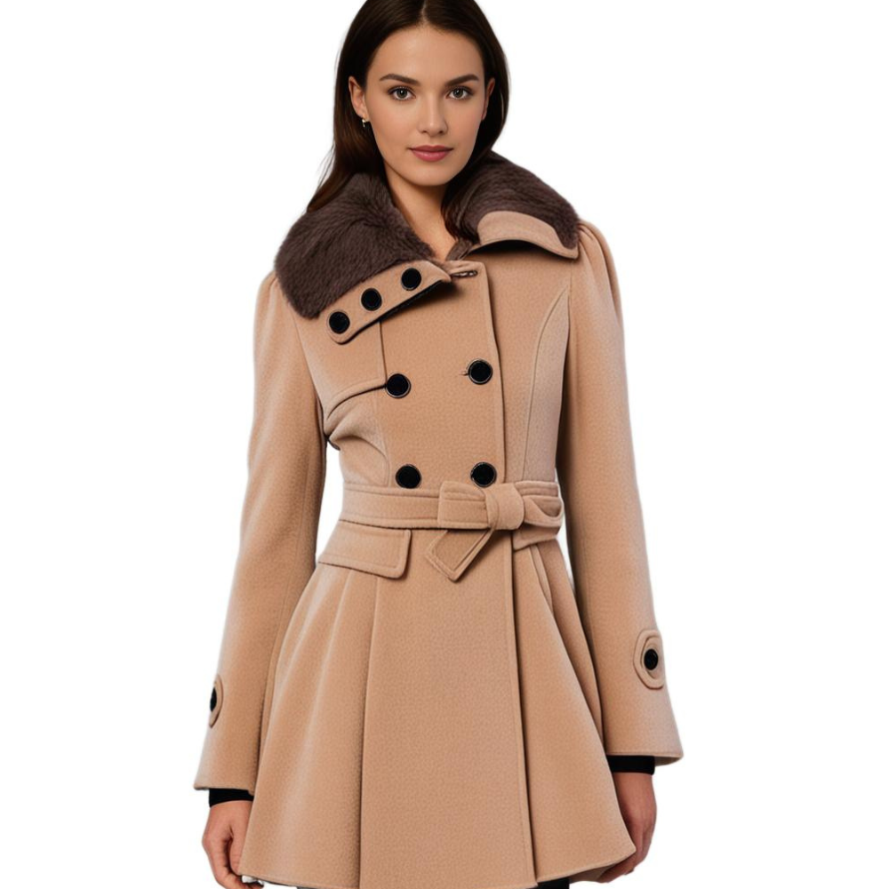 Stephanie | Elegant Fur-Collar Belted Coat - Picela