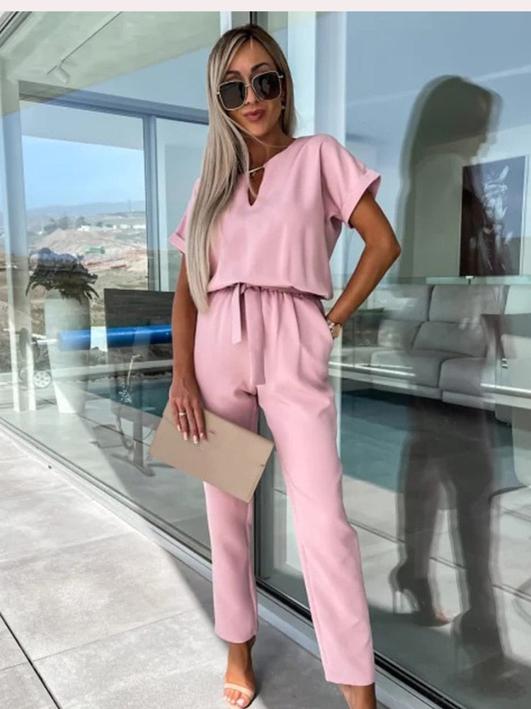 Stephanie | Flattering Belted V-Neck Jumpsuit - Picela