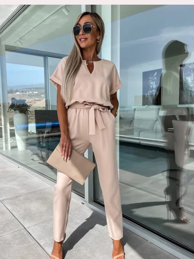Stephanie | Flattering Belted V-Neck Jumpsuit - Picela