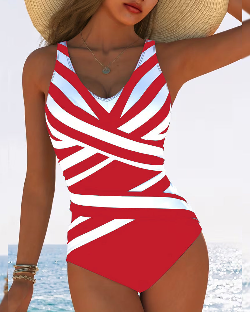 Stephanie | Flattering Striped V-Neck Swimsuit - Picela